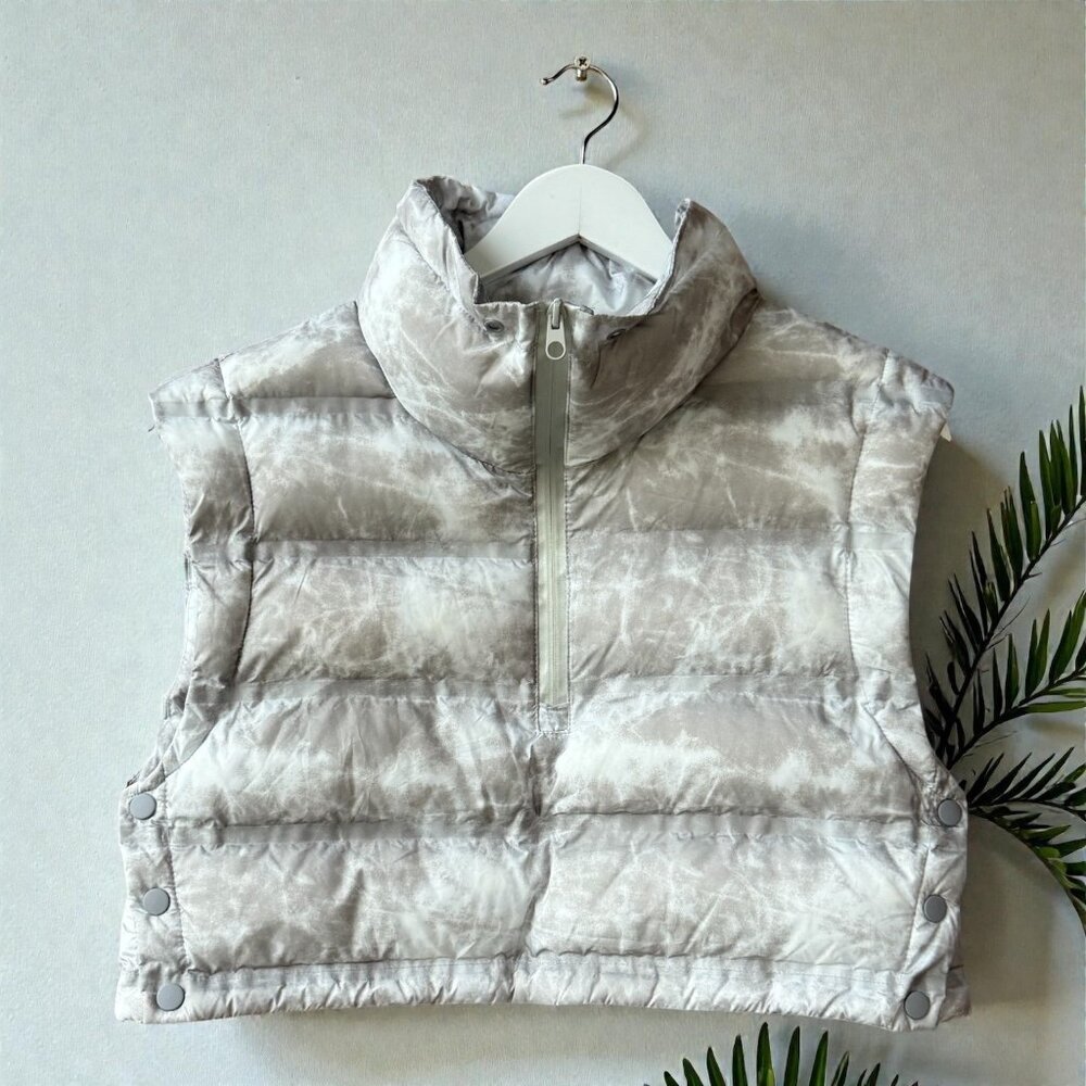 Zara Womens Tie-Dye Puffer Vest Gray & White Snap Sides Size L